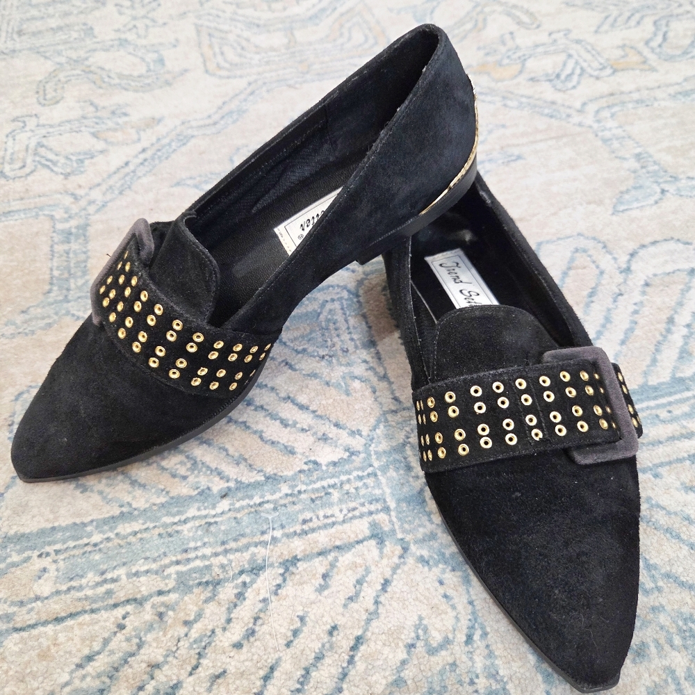 Vintage 80s Trend Setter Black Suede Flats – Gold Eyelet Strap – Star Heel – 6.5